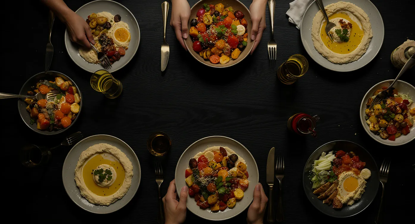 Mediterrane Schüsseln mit geröstetem Gemüse, Hummus und Salat von oben in warmem Licht