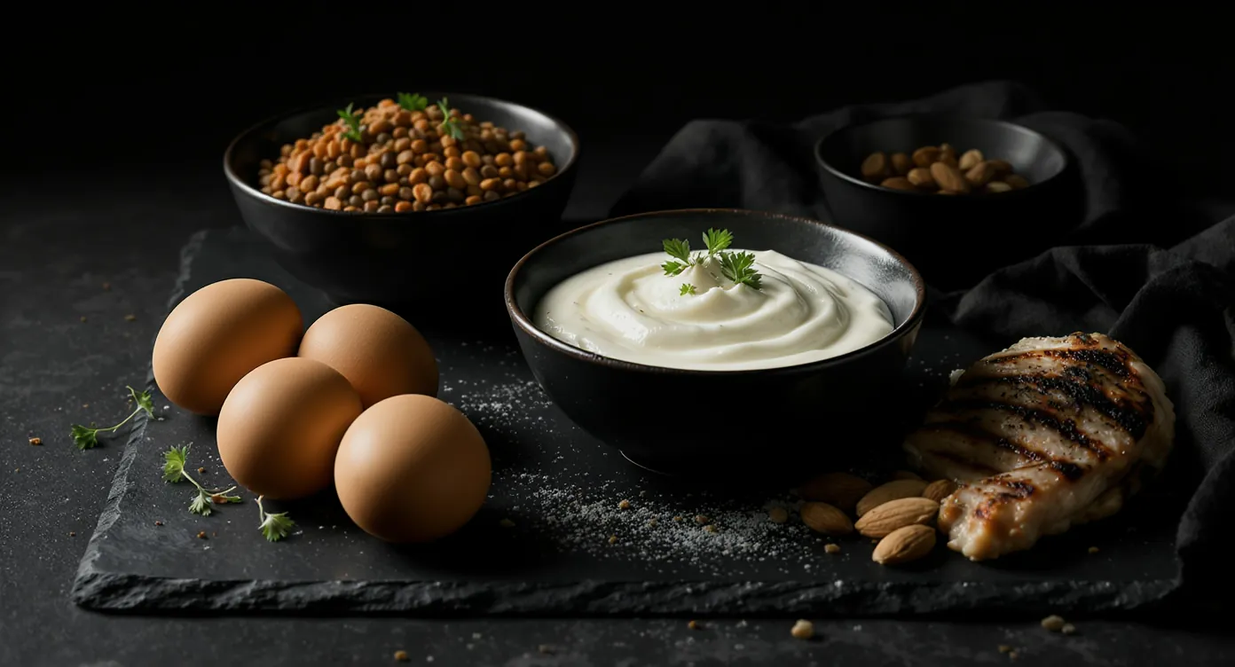 Proteinreiche Lebensmittel auf dunklem Schiefer: Eier, Skyr, Hähnchen, Linsen und Nüsse
