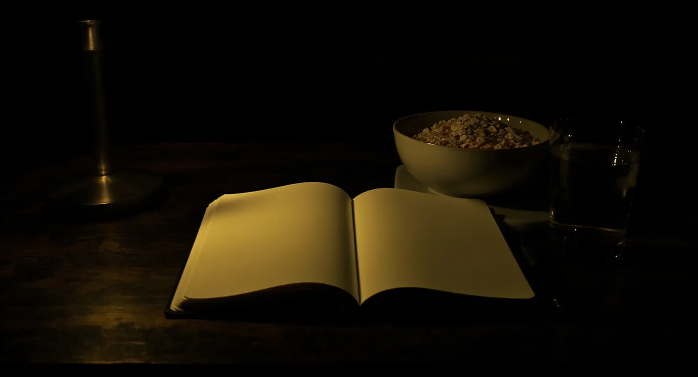 Ernährungstagebuch mit Küchenwaage und Haferflocken auf dunklem Holztisch