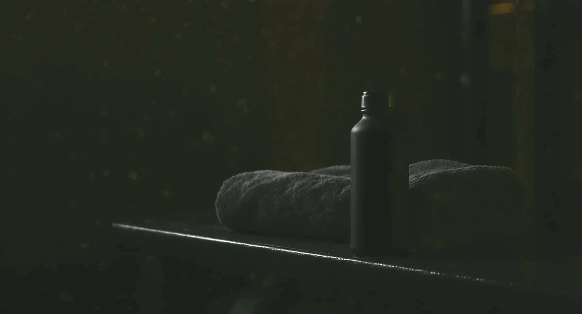 Handtuch und Trinkflasche auf einer Bank im ruhigen Studio