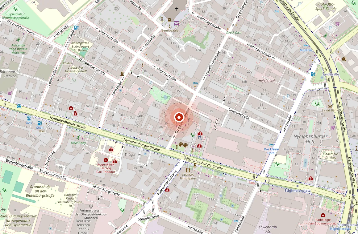 Ausschnitt des Stadtplans der Maxvorstadt mit markiertem Standort des YUNA Studios in der Erzgiessereistrasse 5